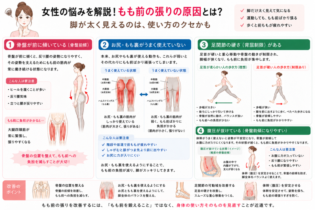 女性の悩みを解説｜前ももが張る原因は姿勢と歩き方にある？